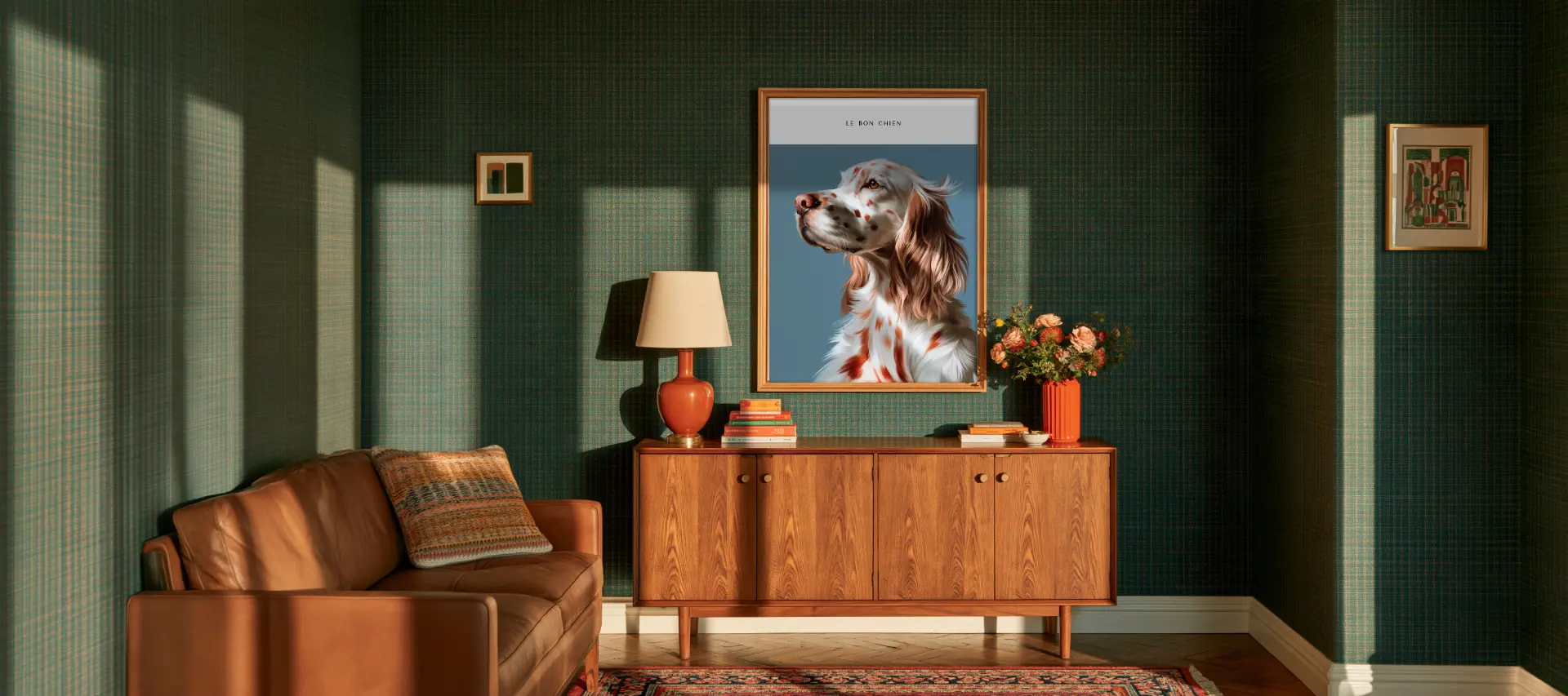 A custom pet portrait displayed above a sideboard in a warm living room