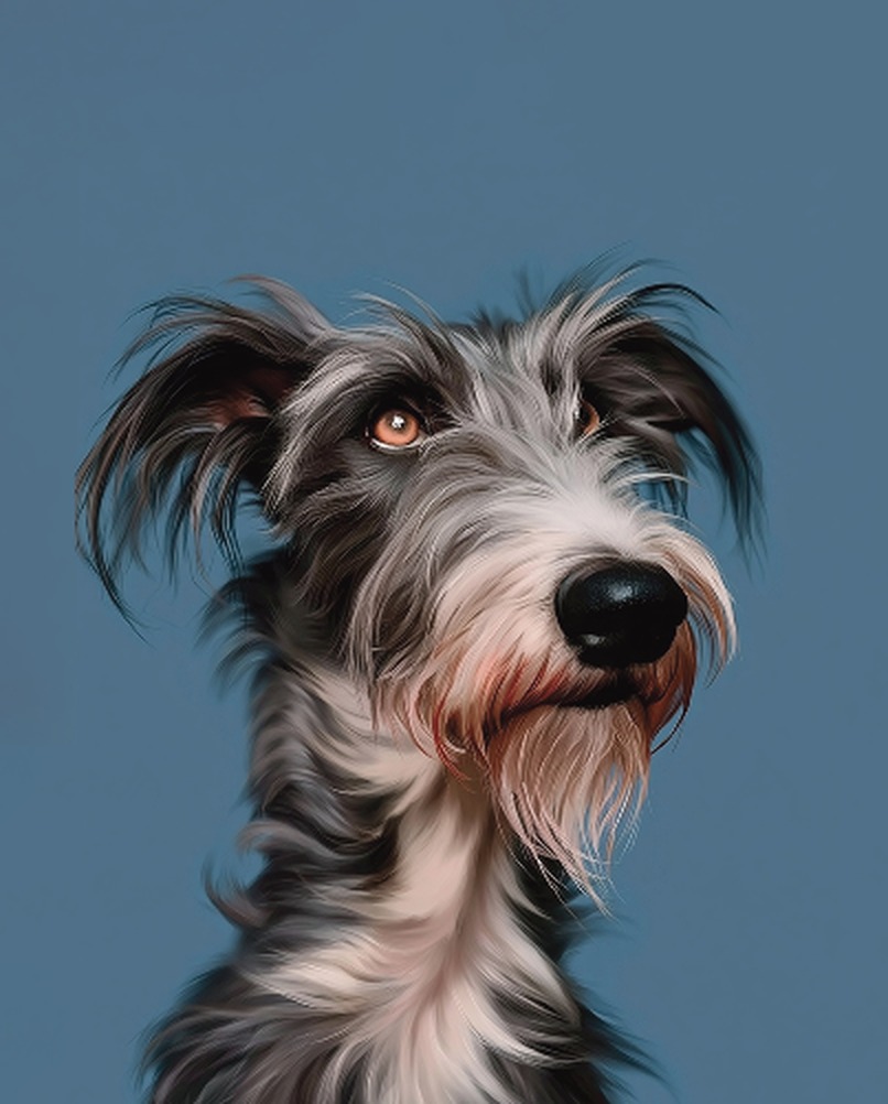 Le Bon Chien portrait of a grey wolfhound with a Le Bon Garçon band